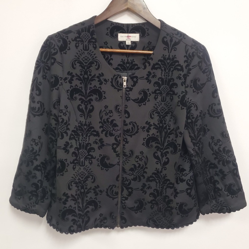 Kate Rosy Velvet Burnout Jacket Size L Petite 3/4 Sleeve Blazer Whimsigoth Black